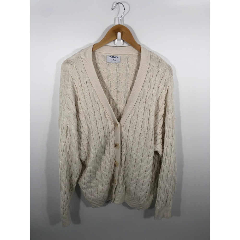 Old Navy Cardigan Mens XL Beige Chunky Cable Knit Fisherman Old Money Preppy